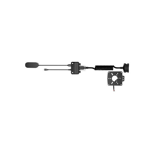 Un kit de montage pour écran avec un bras articulé noir, un support de fixation VESA et un câble de gestion.