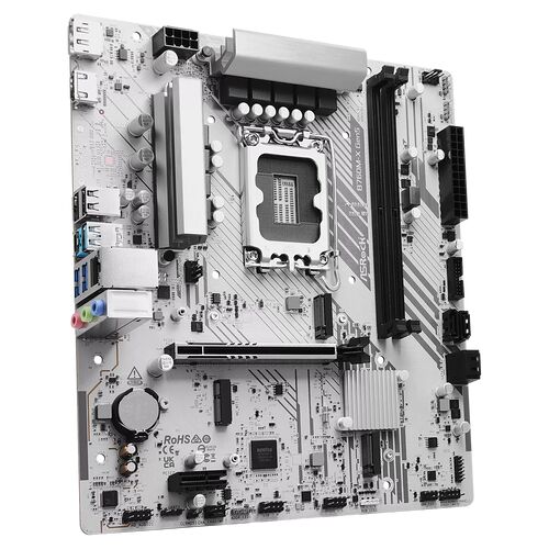 Carte mère ASRock de couleur blanche avec dissipateurs thermiques argentés et un socket CPU central.