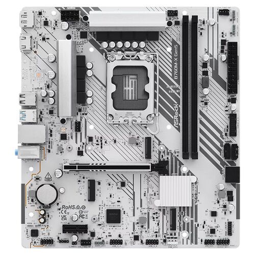 Carte mère ASRock B760M-X Gen5 avec un dissipateur thermique sur le socket CPU et des slots de mémoire RAM noirs.