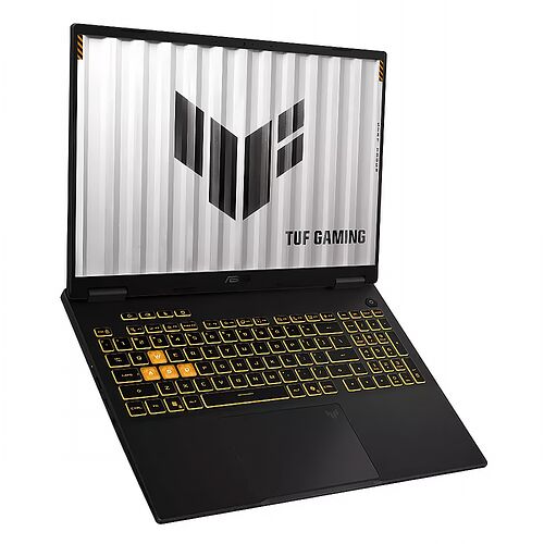 Ordinateur portable ASUS TUF Gaming avec un clavier rétroéclairé jaune et un écran affichant le logo de la marque.