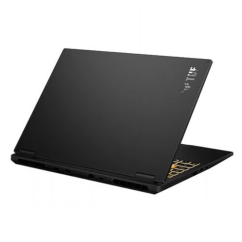 Ordinateur portable ASUS TUF de couleur noire, présenté de profil avec l'écran ouvert.