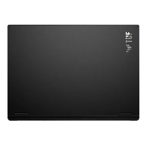 Ordinateur portable ASUS TUF de couleur noire, vu de dessus.
