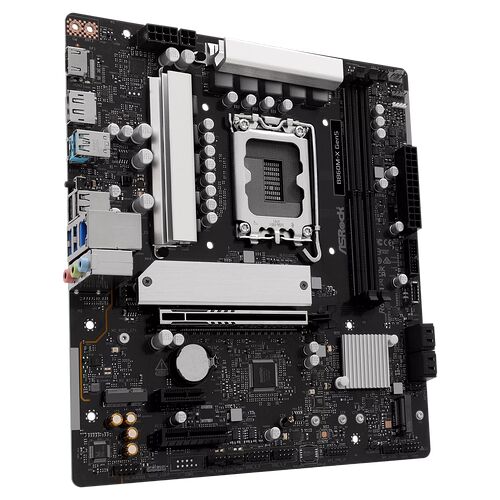 Carte mère ASRock B650M-X Gen5 avec dissipateurs thermiques argentés, socle processeur et divers connecteurs pour composants PC.