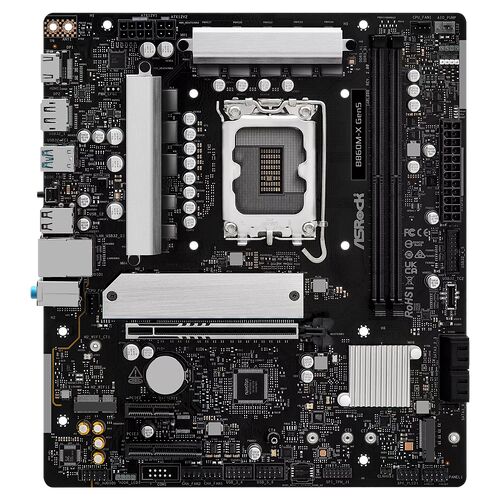 Carte mère ASRock B650M-X Gen5 avec dissipateurs thermiques argentés sur les composants principaux et un socket CPU central.