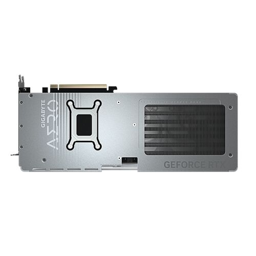 Carte graphique Gigabyte GeForce RTX de couleur argentée, vue de profil sur fond noir.
