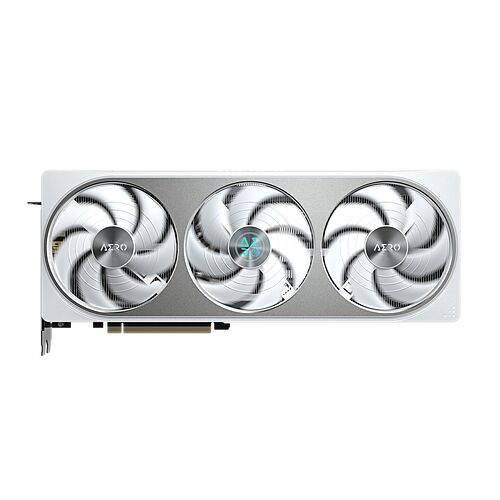 Carte graphique Gigabyte Aero avec trois ventilateurs blancs et un design épuré.