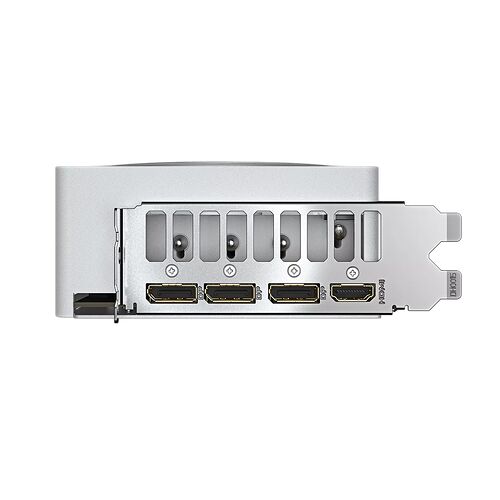 L'arrière d'une carte graphique avec plusieurs ports de connexion, notamment des ports DisplayPort et HDMI, sur un fond noir.