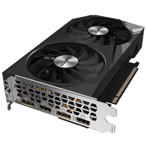 Carte graphique Gigabyte avec deux ventilateurs noirs et un cache métallique comportant des ports HDMI et DisplayPort.