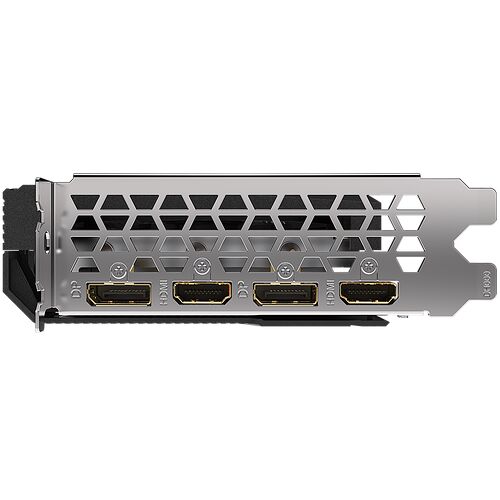 Une carte graphique avec deux ports DisplayPort et deux ports HDMI sur sa façade métallique argentée.