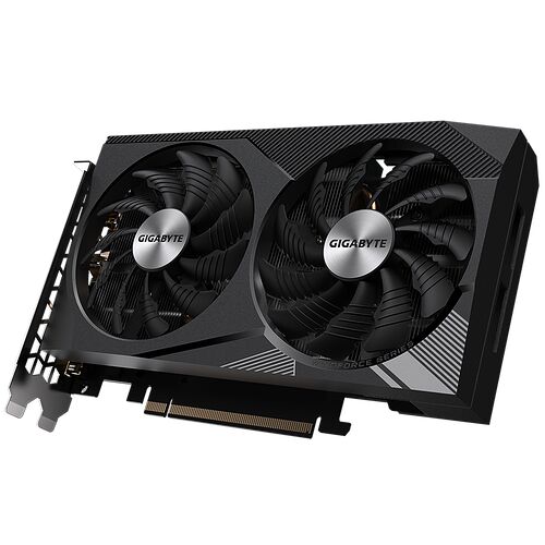 Carte graphique Gigabyte avec deux ventilateurs de refroidissement sur un fond noir.