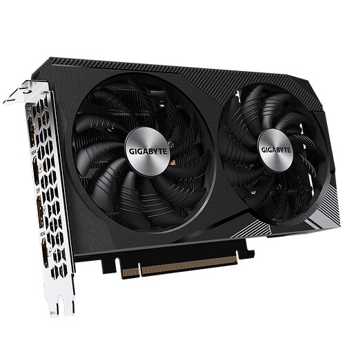 Carte graphique Gigabyte avec deux ventilateurs de refroidissement et un dissipateur thermique noir.