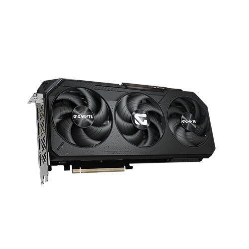 Carte graphique Gigabyte avec trois ventilateurs de refroidissement sur fond noir.
