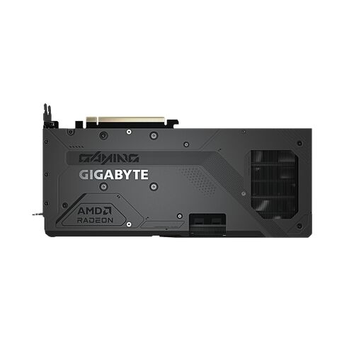 Carte graphique Gigabyte AMD Radeon de couleur noire avec un design sobre et des finitions texturées.
