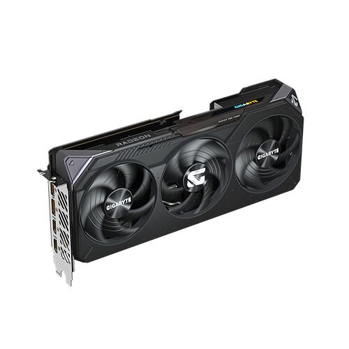 Carte graphique Gigabyte Radeon avec trois ventilateurs de refroidissement noirs.