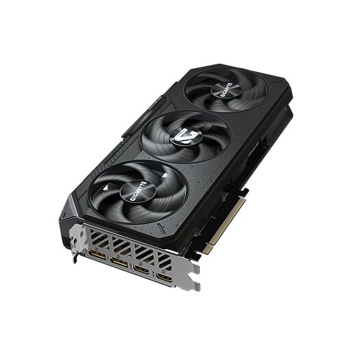 Carte graphique Gigabyte avec trois ventilateurs de refroidissement noirs et plusieurs ports de sortie vidéo sur le côté.