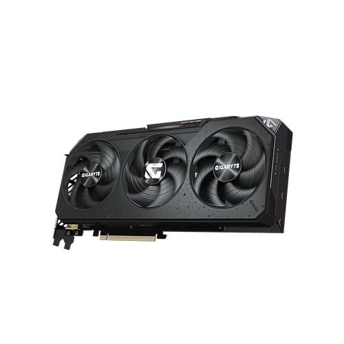 Carte graphique Gigabyte avec trois ventilateurs noirs et un éclairage discret.