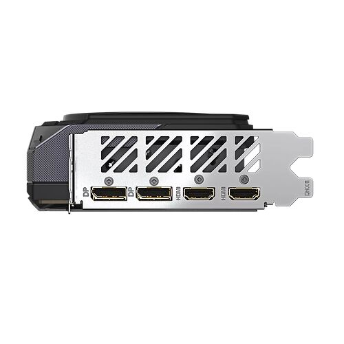 L'arrière d'une carte graphique avec ses ports de connexion, incluant deux ports DisplayPort et deux ports HDMI, sur un fond noir.