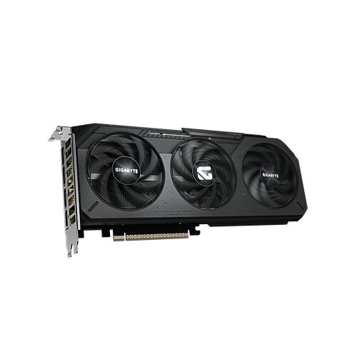 Carte graphique Gigabyte avec trois ventilateurs noirs et un éclairage discret, présentée sur un fond noir.