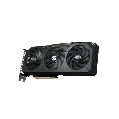Carte graphique Gigabyte avec trois ventilateurs noirs et un éclairage discret sur fond noir.
