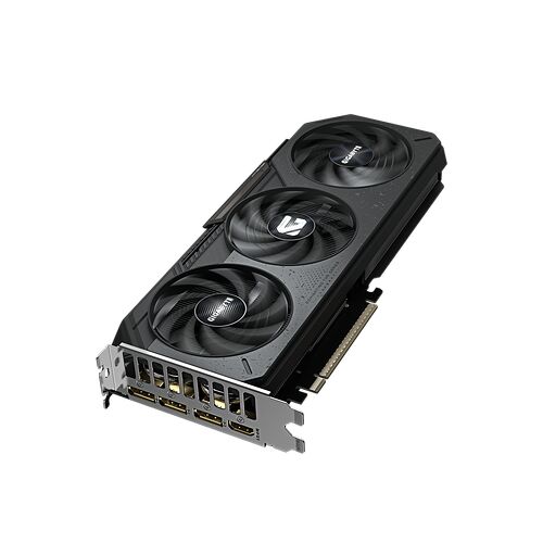 Carte graphique Gigabyte avec deux ventilateurs de refroidissement et plusieurs ports de sortie vidéo sur un fond noir.