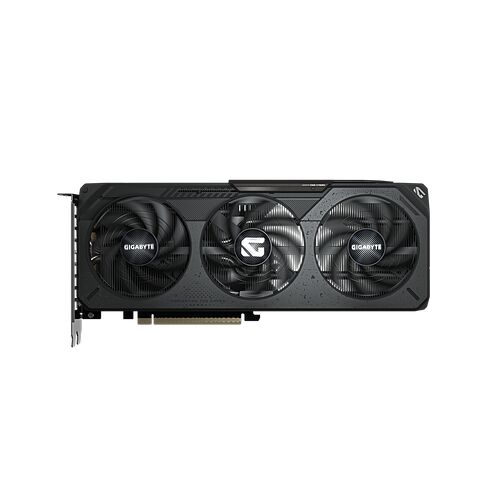 Carte graphique Gigabyte avec trois ventilateurs de refroidissement sur un fond noir.