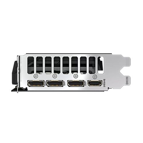 L'arrière d'une carte graphique avec plusieurs ports de sortie vidéo, dont des ports HDMI et DisplayPort, sur un support métallique argenté.