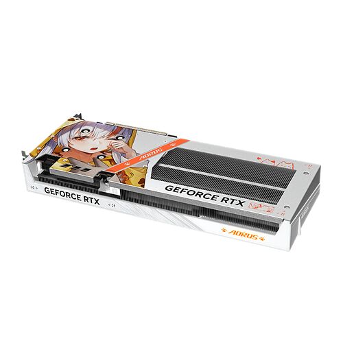 Carte graphique Gigabyte Aorus GeForce RTX avec un design blanc et des illustrations de personnage de style anime sur le dessus.