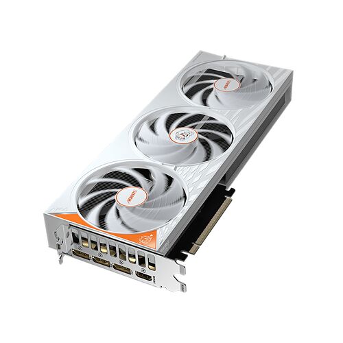 Carte graphique Aorus avec trois ventilateurs blancs et des détails orange, présentée sur un fond noir.
