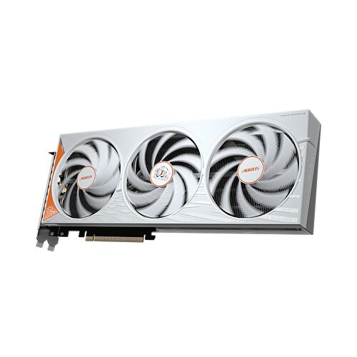 Carte graphique Aorus avec trois ventilateurs blancs et des détails orange, présentée sur un fond noir.