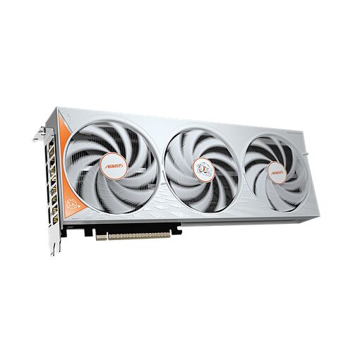 Carte graphique Aorus avec trois ventilateurs blancs et des détails orange.