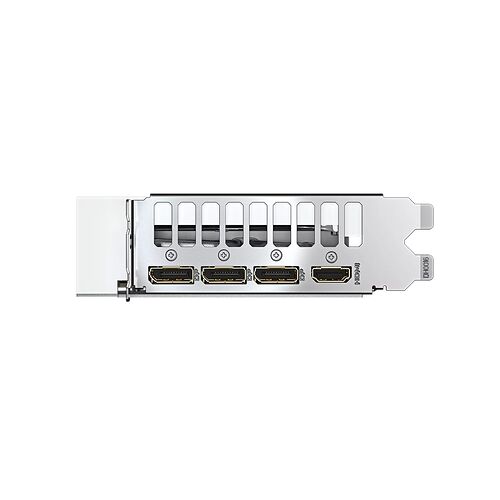 L'arrière d'une carte graphique avec trois ports de sortie vidéo : deux ports DisplayPort et un port HDMI.
