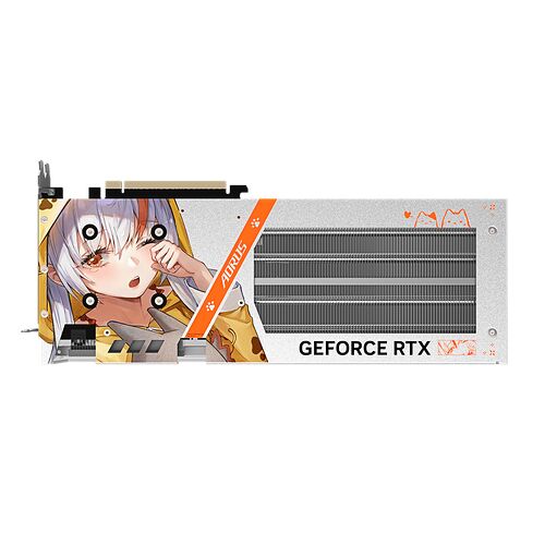 Carte graphique Aorus GeForce RTX avec un design illustré de style anime sur le côté.