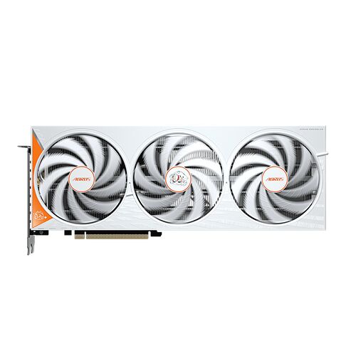 Carte graphique Aorus avec trois ventilateurs blancs et des détails orange.