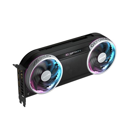 Carte graphique Gigabyte Aorus GeForce avec un système de refroidissement à trois ventilateurs et un éclairage RGB.