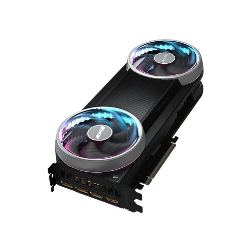 Carte graphique Aorus avec deux ventilateurs rétroéclairés en RGB sur un fond noir.