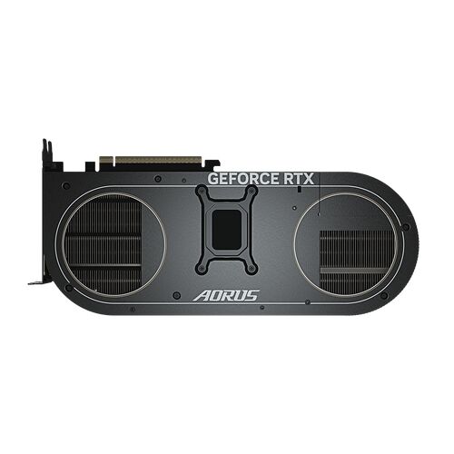 Carte graphique Gigabyte Aorus GeForce RTX avec un design noir et des détails de refroidissement circulaires.