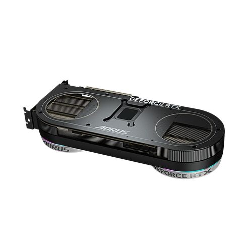 Carte graphique Aorus GeForce RTX avec un système de refroidissement imposant et un éclairage RGB sur les côtés.