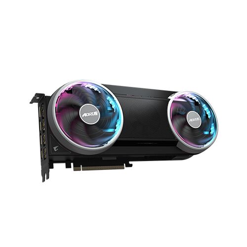 Carte graphique Aorus avec deux ventilateurs rétroéclairés en RGB sur un fond noir.