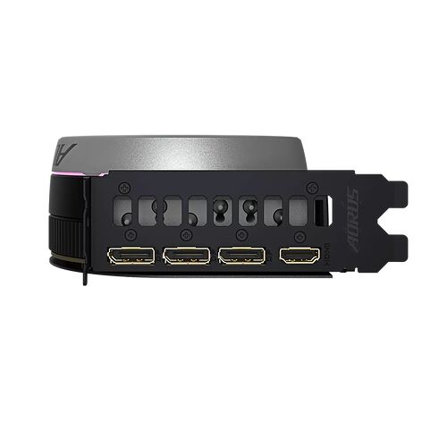 Carte graphique Aorus avec trois ports de sortie vidéo et un éclairage RGB discret sur le côté.