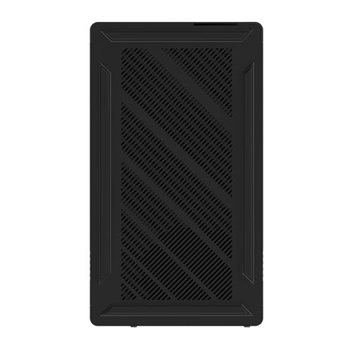 Boîtier PC noir avec une façade en métal perforée pour une ventilation optimale.