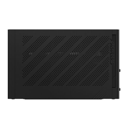Boîtier PC noir avec une façade perforée pour la ventilation et un panneau latéral texturé.
