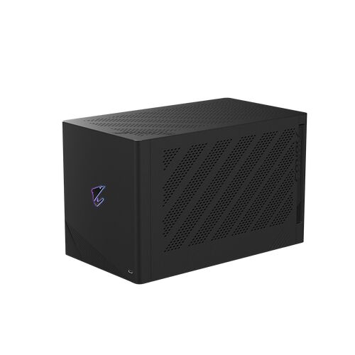 Boîtier PC compact de couleur noire avec le logo Corsair illuminé en violet sur la façade avant.