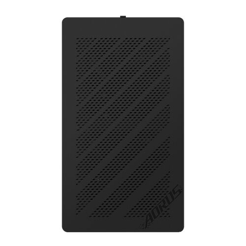 Boîtier PC Aorus noir avec une façade perforée en diagonale pour la ventilation.