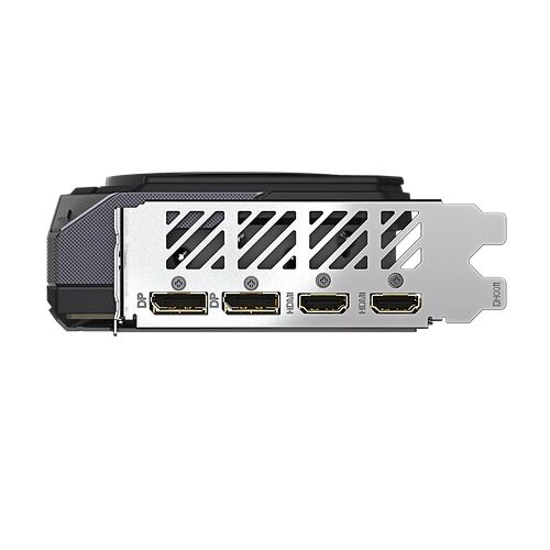 L'arrière d'une carte graphique avec ses ports de connexion, comprenant deux ports DisplayPort et deux ports HDMI, sur un fond noir.