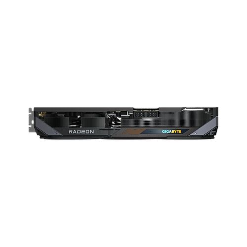 Carte graphique Gigabyte Radeon avec un design noir et des détails de refroidissement visibles.