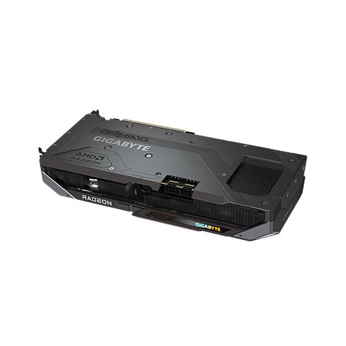 Carte graphique Gigabyte Radeon avec un design noir mat et des détails de refroidissement visibles.