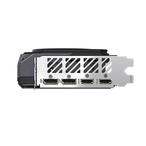 L'arrière d'une carte graphique avec plusieurs ports de sortie vidéo, notamment deux ports DisplayPort et deux ports HDMI, sur un fond noir.