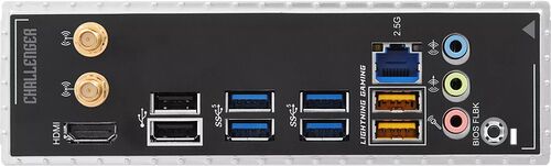 Panneau arrière d'une carte mère Challenger avec connecteurs HDMI, USB, ports réseau 2.5G, ports audio et connecteur BIOS Flashback.