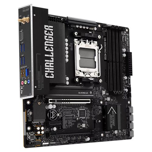 Carte mère ASRock Challenger B650M avec Wi-Fi, de couleur noire avec des dissipateurs thermiques argentés.