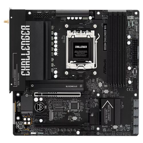 Carte mère ASRock Challenger B850M avec dissipateur thermique noir et accents de design futuristes.